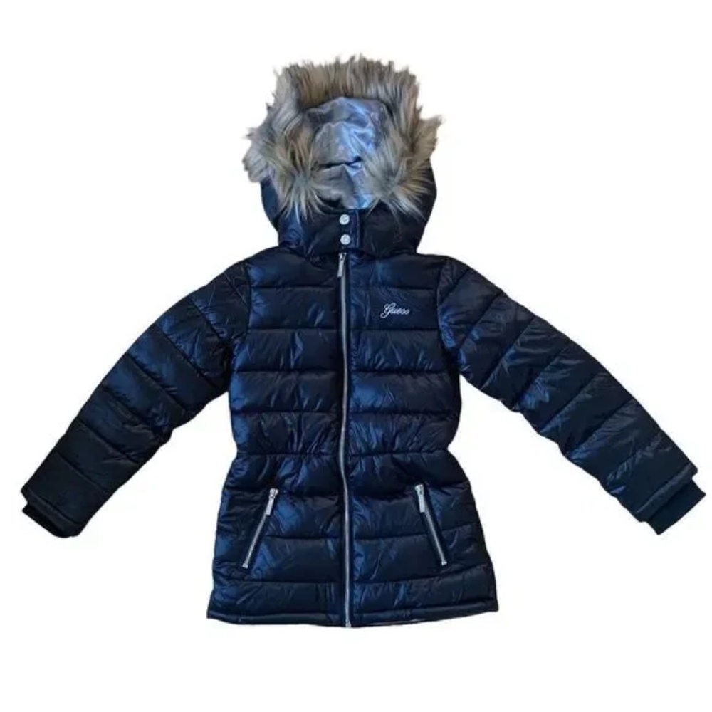 Girls Faux Fur Hooded Down Puffer Jacket/Coat black size 7